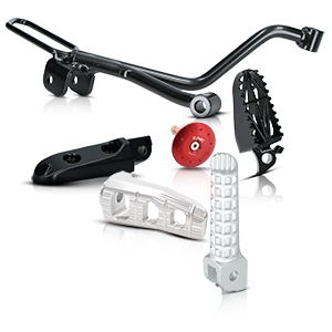 Motorcycle passenger footrests and other add-on parts in black, silver, and red.